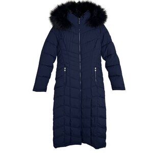 Calvin Klein Long Water-Resistant Navy Blue Puffer Coat Removable Faux Fur Hood